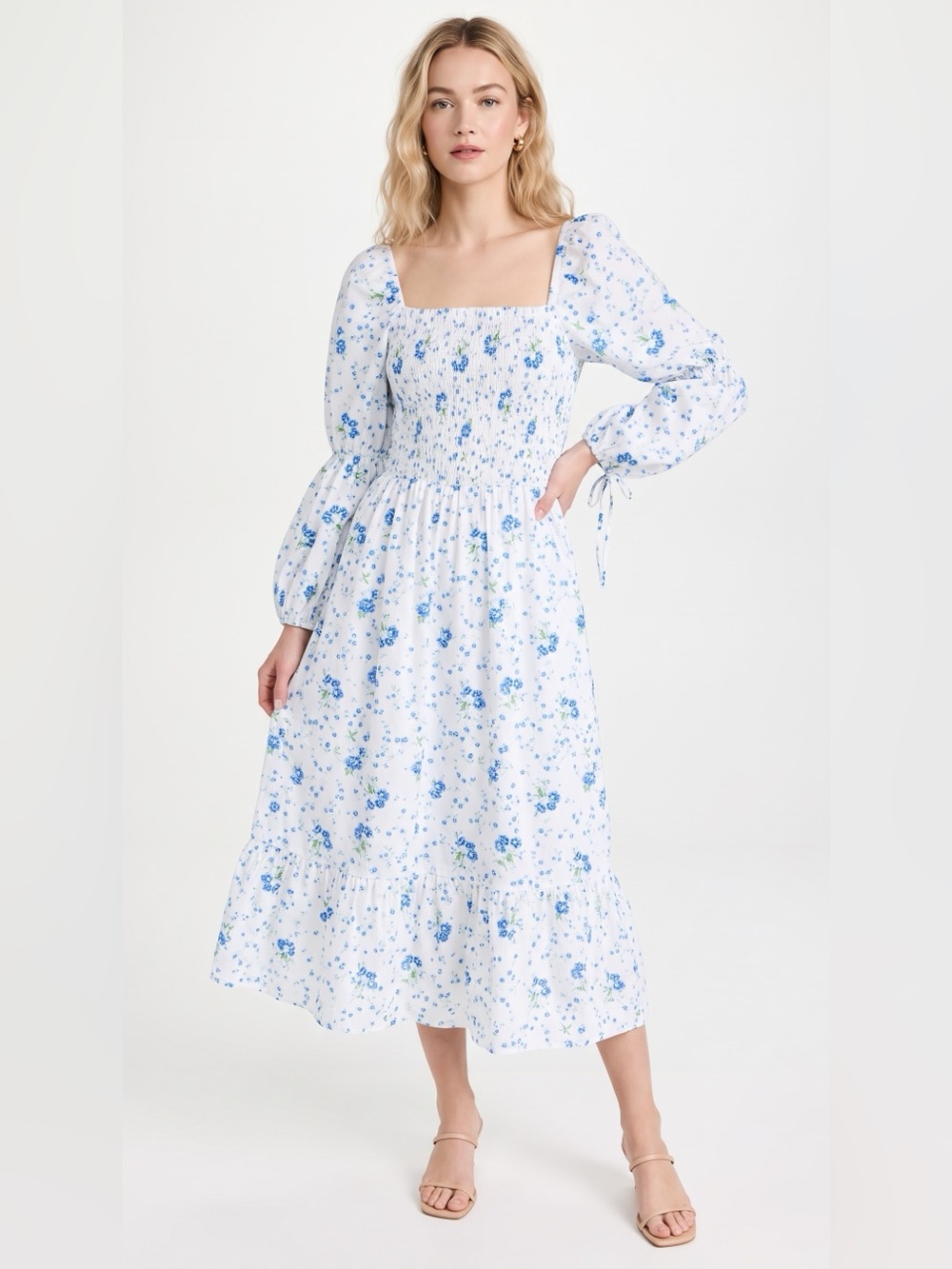 Smocked Square-Neck Midi Dress in Blue Floral